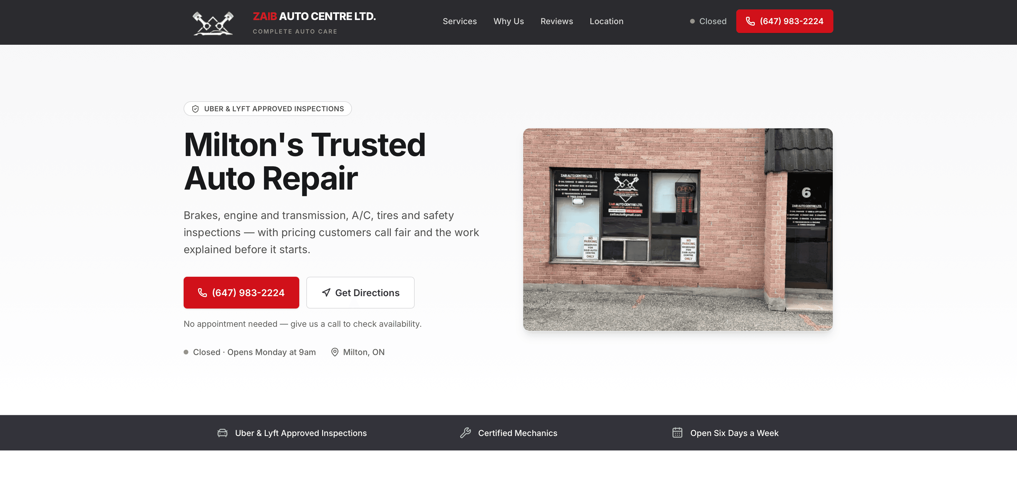 The Zaib Auto Centre website: the shop name and logo, a live status badge reading “Closed · Opens Monday at 9am”, a tap-to-call button showing (647) 983-2224, the headline “Milton's Trusted Auto Repair”, and a photo of the shopfront.